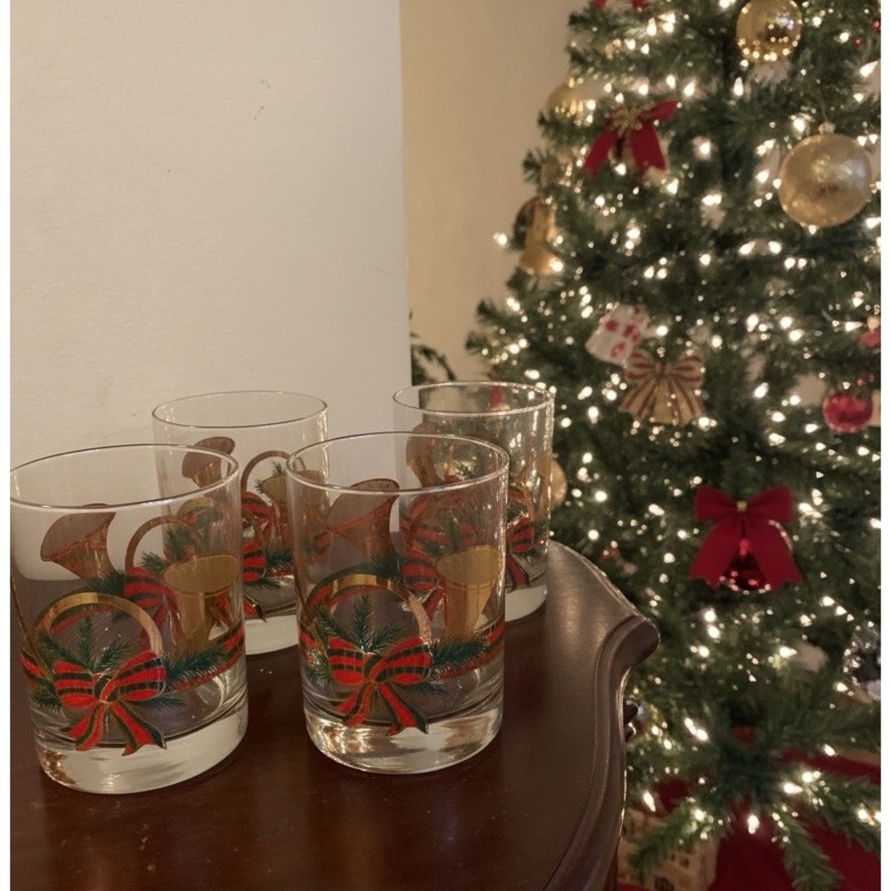 Set Of 4 Vintage‎ MCM Culver Glasses 22k Gold Christmas Yule Horn With Box